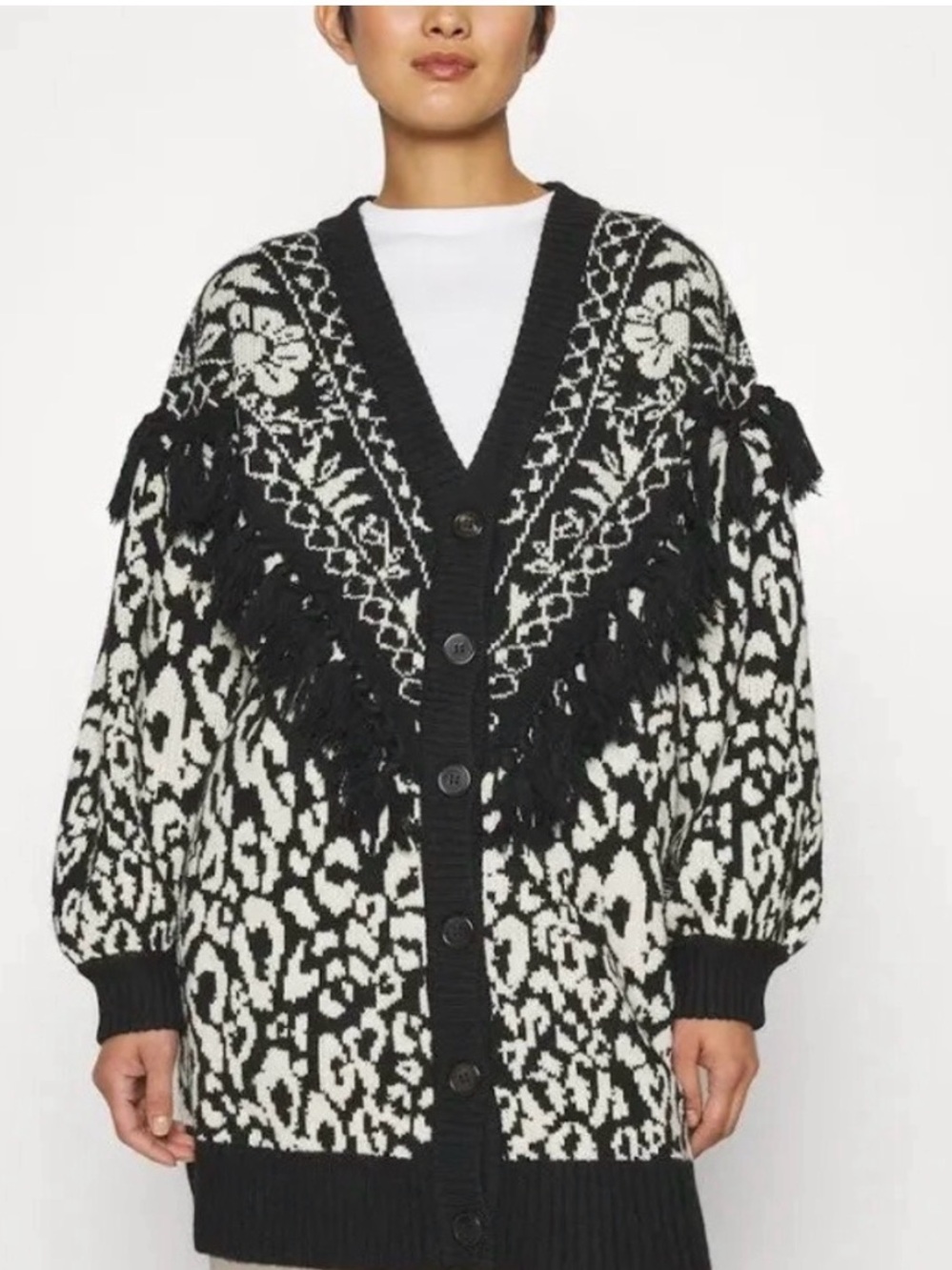 FARM Rio Black and White Fringe Jacquard Oversized Cardigan